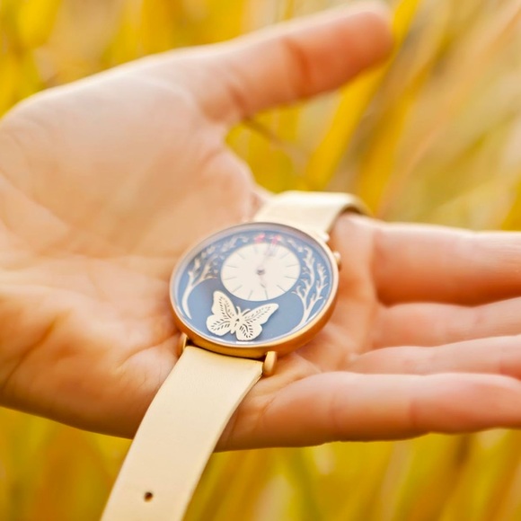 Dial Watches by Sarah Dennis (Gold)- Artist Designed, 2 bands, navy blue & cream